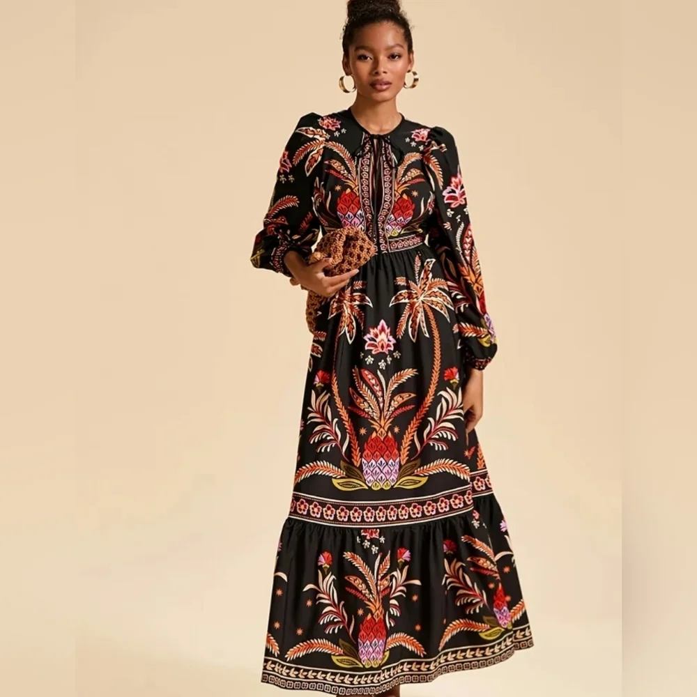 Black Floral Maxi Dress with Long Sleeves - Picture 2 of 10
